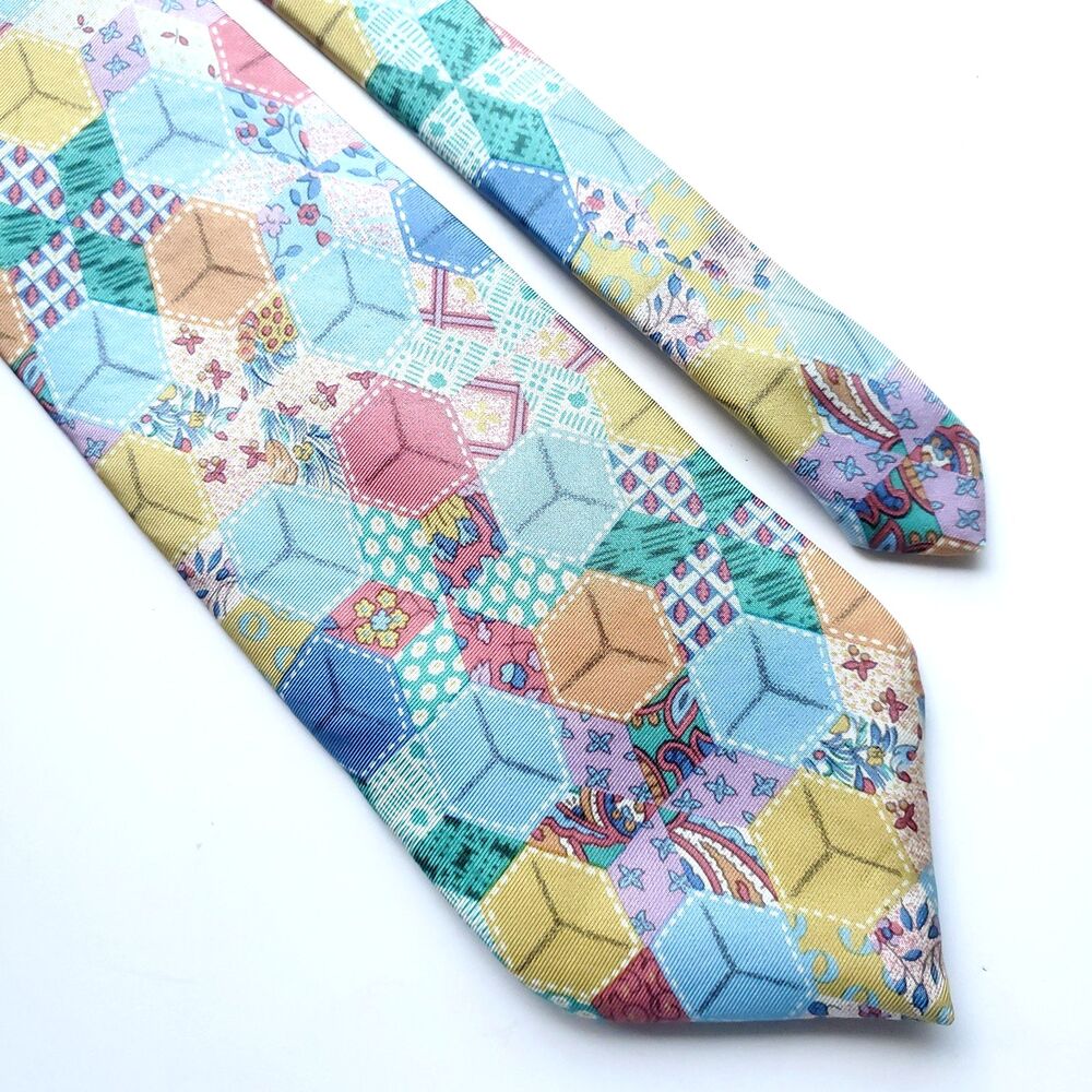 Vintage 100% Silk Tie Patchwork Quilt Print Colorful Blue Cottage 56" x 4"